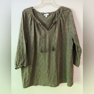 J JILL Peasant Blouse with Eyelet Fabric. Olive Green, 100% Cotton